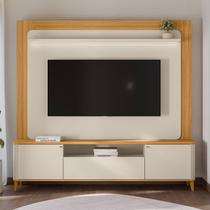 Estante para TV e Home Theater até 70 Polegadas com MDF 200cmx190cm Pés em Madeira Maciça Led Munique Branco Tauari/Off White Fosco