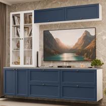 Estante Sala de Estar com Rack + Cristaleira 230cm Branco/Azul/Branco Vik Madesa 01