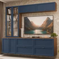Estante Sala De Estar Com Rack + Cristaleira 230cm Vik Madesa 01 Rustic-azul Estante Sala De Estar Com Rack + Cristaleira 230cm Vik Madesa 01 Rustic-azul
