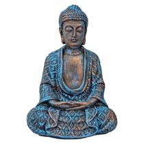 Estátua Buda Hindu Tailandês Resina Enfeite Azul C/ Bronze
