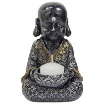 Estátua Buda Monge Tibetano Castiçal Prata e Dourado C/ Vela