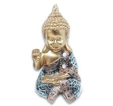 Estátua Buda Tibetano Acenando Estatueta 10 cm Dourado Azul