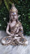 Estátua Buda Tibetano Hindu Sidarta Meditação Cinza Azul Decoração Gesso - Arte & Decoração