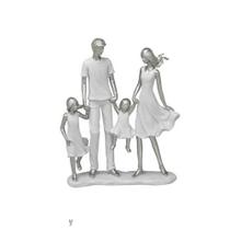 Estátua Casal Com Duas Filhas Em Resina Branco Com Prata