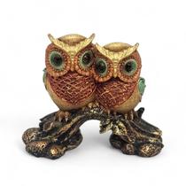 Estátua Casal de Corujas de Resina Dourada Coloridas 9 cm