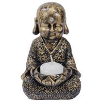Estátua de Buda Monge Tibetano Castiçal Porta Vela Dourado