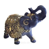 Estátua de Elefante Indiano Preto e Dourado Resina 18cm