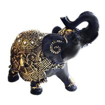 Estátua De Elefante Indiano Preto E Dourado Resina 18Cm