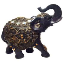 Estátua De Elefante Indiano Preto E Dourado Resina 21Cm - Mandala De Luz