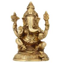Estátua de Ganesha Sentado Dourado Bronze 16cm