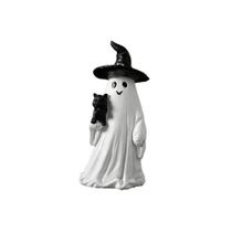 Estátua de gato segurando fantasma de Halloween, decoração de jardim em resina, 17 cm