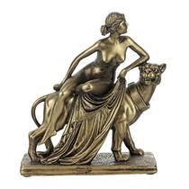 Estátua de resina grega de deusa e pantera de 22 cm com acabamento em bronze