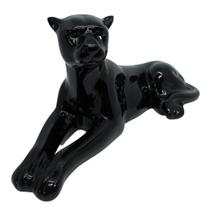 Estatua Decorativa Pantera Negra Deitada em Cerâmica Leopardo Marmorizado