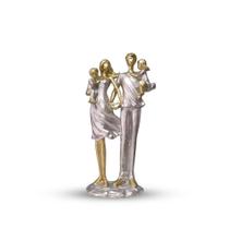 Estátua Família Com 2 Filhos Prata E Dourado Em Gesso - Decoração Rica Em Detalhes 25 Cm