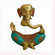 Estátua Ganesha Decorativa em Bronze Detalhes em Pedras Coloridas 20 cm