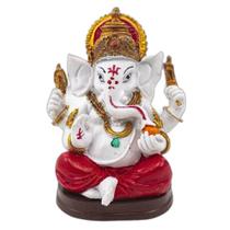 Estátua Ganesha Sentado Branco Resina 11 Cm