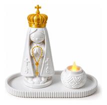 Estatua Nossa Senhora Aparecida Com Castiçal Vela Em Led E Base