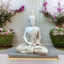 Estatueta Buda Hindu Médio Cor Branco Envelhecido Estatueta Buda Hindu Médio Cor Branco Envelhecido
