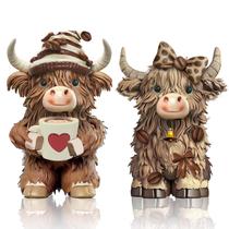 Estatueta de resina com decoração de 2 unidades com tema de café Highland Cow Estatueta de resina com decoração de 2 unidades com tema de café Highland Cow
