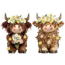Estatuetas Burbell Highland Cow Daisy Flower Resin, 2 peças Estatuetas Burbell Highland Cow Daisy Flower Resin, 2 peças