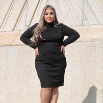 estido Midi Manga Longa Inverno Canelado Do P Ao Gg - Preto Manequim G2 - 50