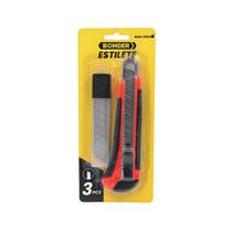 Estilete De Aço Inoxidável Emborrachado Com Trava Automático 3 lâminas 18mm Profissional