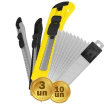 Estilete Largo Profissional Com Trava 3 Unidades + 10 Lâminas 0,5mm Aço Para Estilete