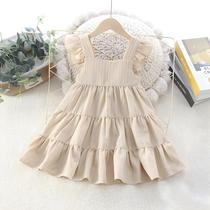 Estilo verão crianças roupas manga voadora cor sólida plissado princesa bolo vestido meninas traje