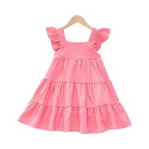 Estilo verão crianças roupas manga voadora cor sólida plissado princesa bolo vestido meninas traje Estilo verão crianças roupas manga voadora cor sólida plissado princesa bolo vestido meninas traje