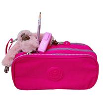 Estojo 3 Divisórias com Bolso Organizador + Chaveiro Macaco Pelúcia + Lápis Metalizado + Mini Marca Texto Divertido