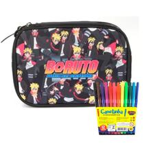 Estojo Box Boruto Naruto Preto Grande + Canetinhas Brind