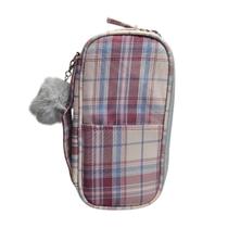 Estojo Box Grande Escolar Xadrez Bege com Pompom Alça Organizador Aula Colorido Material Lápis