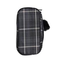 Estojo Box Grande Escolar Xadrez Preto com Pompom Alça Organizador Lápis Material Aula Moderno