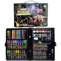 Estojo Colorir Dinossauro Meninos Lápis Giz Acessórios 86 peças