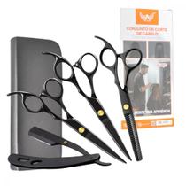 Estojo com 6 Peças Tesouras e Navalha Profissionais Barbeiro Fio Laser BLACK Altomex AL-2917
