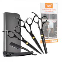 Estojo com 6 Peças Tesouras e Navalha Profissionais Barbeiro Fio Laser BLACK Altomex AL-2917