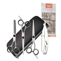 Estojo com 6 Peças Tesouras e Navalha Profissionais Barbeiro Fio Laser PRATA Altomex AL-2918