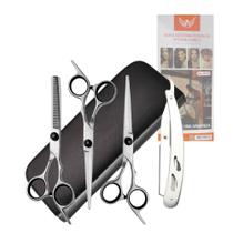 Estojo com 6 Peças Tesouras e Navalha Profissionais Barbeiro Fio Laser PRATA Altomex AL-2918