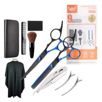 Estojo com 9 Peças Tesouras, Navalha e Acessórios Profissionais Barbeiro Fio Laser Altomex AL-2919