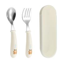 Estojo com colher e garfo para bebês na cor branca com ursinho talher infantil Estojo com colher e garfo para bebês na cor branca com ursinho talher infantil