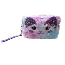 Estojo Com Desenho De Gato Com Lantejoula E Pompom