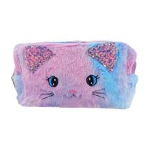 Estojo Com Desenho De Gato Com Lantejoula E Pompom
