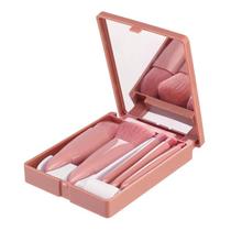 Estojo de 5 Pincéis de Maquiagem Portátil Com Espelho Cor Rosa Conjunto de Pincel Kit Bolsa Rosto