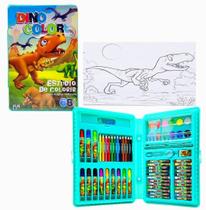 Estojo de Colorir e Desenhar Maleta de Pintura Infantil Escolar Kit Com 68 Peças Dinossauro