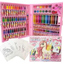 Estojo de Pintura Infantil com Canetinhas, Lápis de Cor e Aquarela Para Colorir - Maleta de Pintar - Kit Escolar Maleta de Pintura