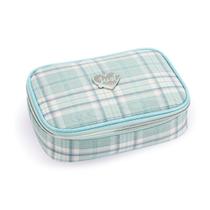 Estojo Escolar Azul Turquesa Xadrez Divisória Volta as Aulas Box Canetas Lápis Colorido Material