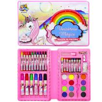 Estojo Escolar Colorir Unicórnio Maleta Desenhos Canetinha Giz Apontador Cola 42pçs