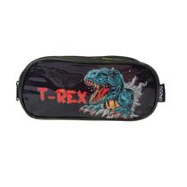 Estojo Escolar Dino T-Rex Verde Bolso Duplo Com Zíper
