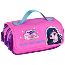 Estojo Escolar Luluca Estampa Colorida Resistente Compartimentos Divisória Alça de Transporte Caneta Lápis Borracha Material Infantil Criança Menina