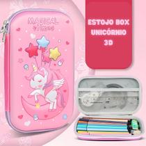 Estojo Escolar / Necessaire Box Fofo Rosa Unicórnio 3D em Relevo Resistente Espaçoso